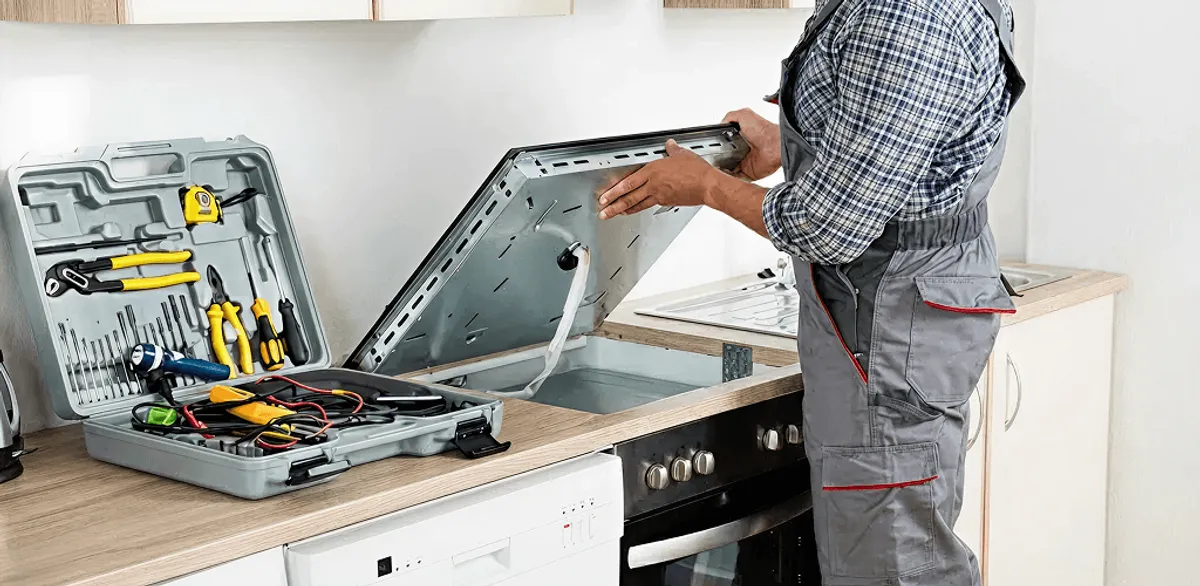 Handyman repairing a cooktop and checking wiring connections in Henderson, NV