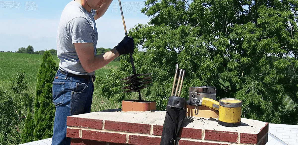Chimney cleaning technician working on a rooftop chimney with professional tools in Henderson, NV