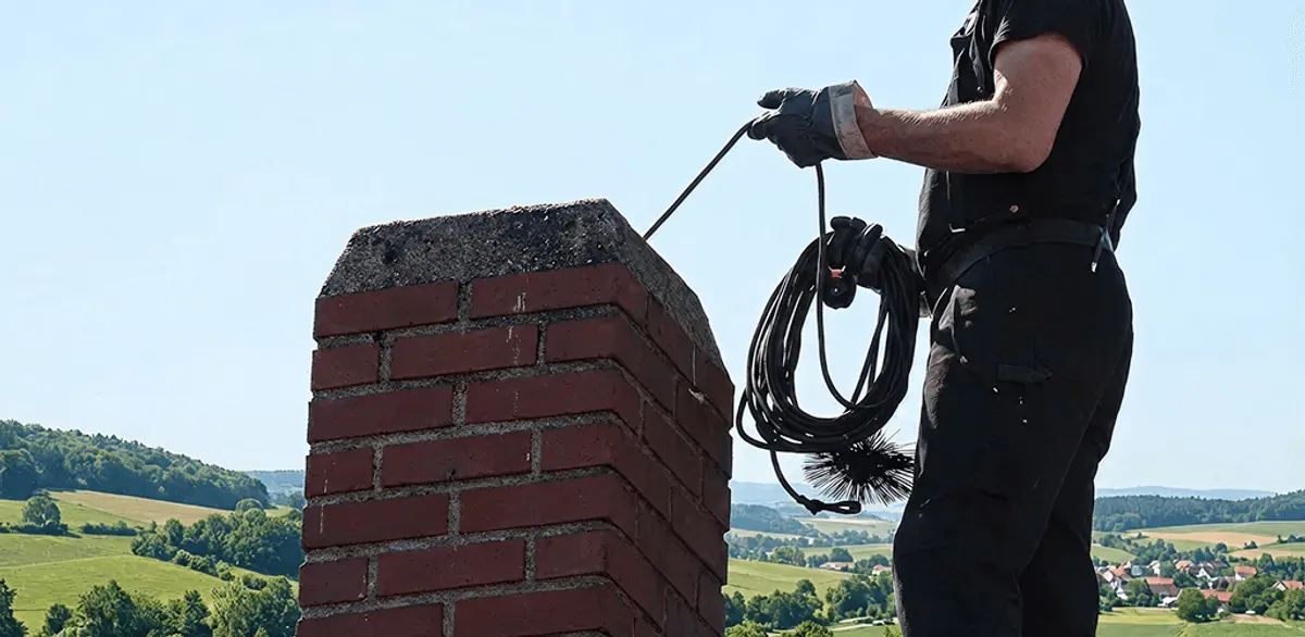 Chimney sweep inspecting and cleaning a rooftop chimney in Henderson, NV
