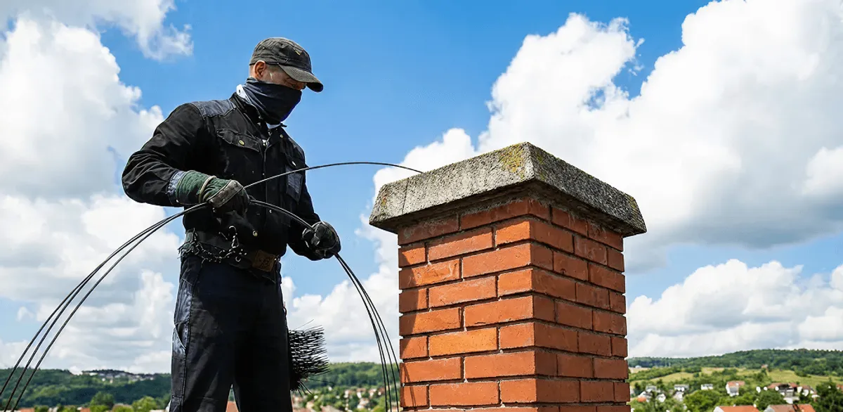 Chimney sweep cleaning a brick chimney with professional tools in Henderson, NV