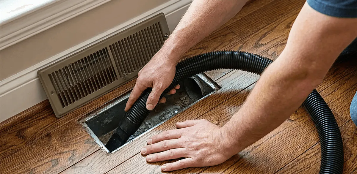 Air duct cleaning technician vacuuming a floor register and duct opening in Henderson, NV
