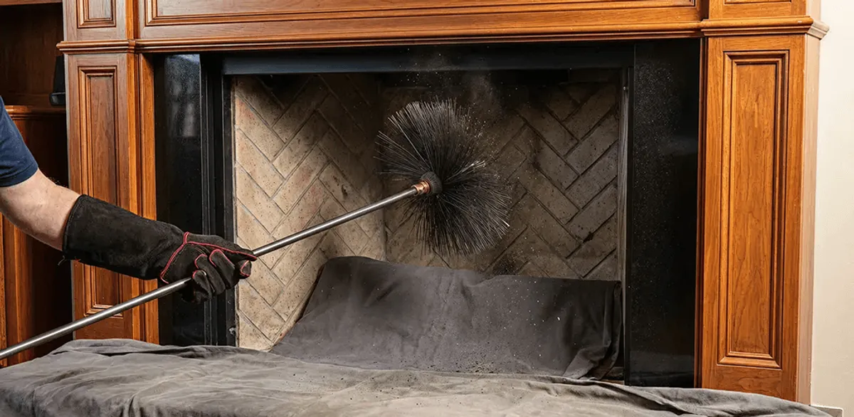 Chimney cleaning service brushing soot from a fireplace and flue in Henderson, NV