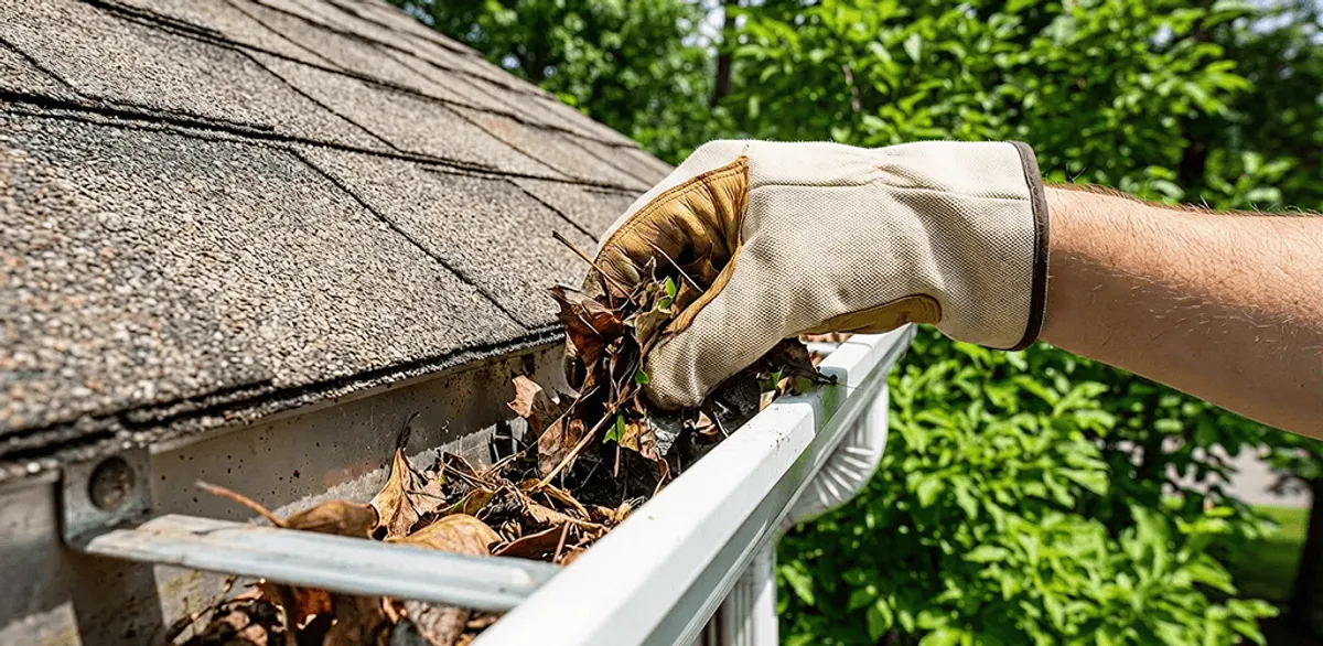 Gutter cleaning removing leaves and debris from roof gutters in Henderson, NV