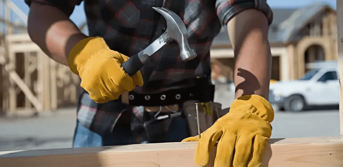 Handyman fixing wood trim with a hammer for home repairs in Henderson, NV
