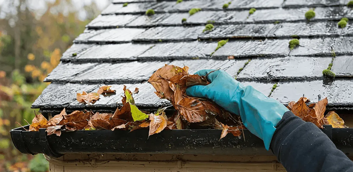 Gutter cleaning technician clearing wet leaves from roof gutters in Henderson, NV