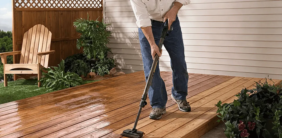 Deck staining service applying stain to a backyard wood deck in Henderson, NV